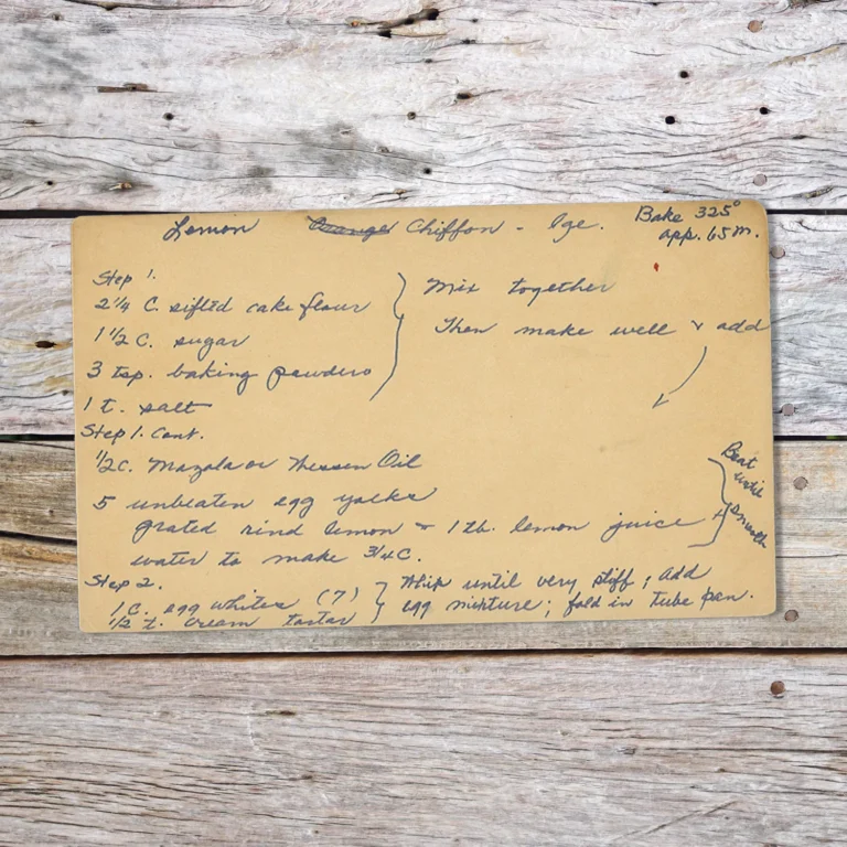Handwritten recipe card for Lemon Chiffon Log