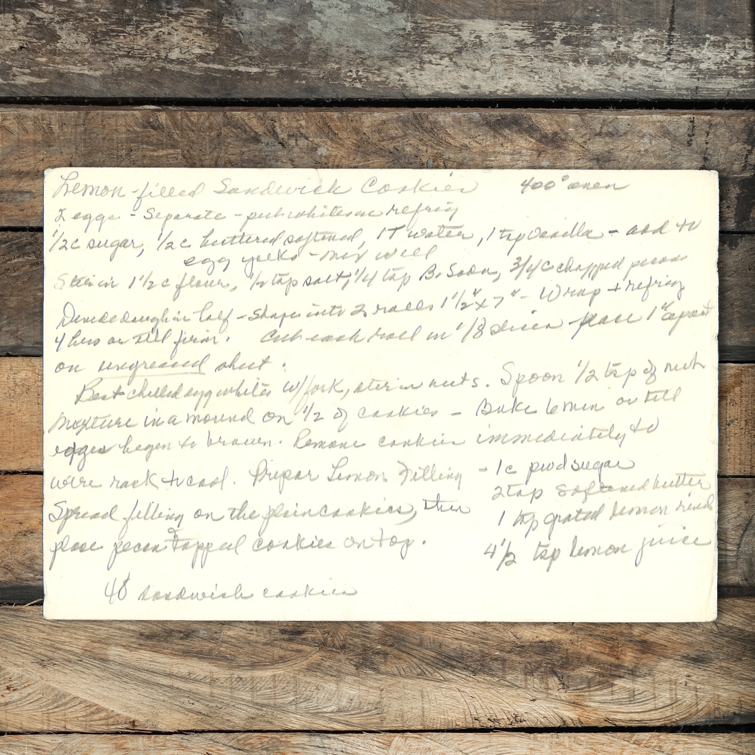 Handwritten recipe card for Lemon Filled Sandwich Cookies