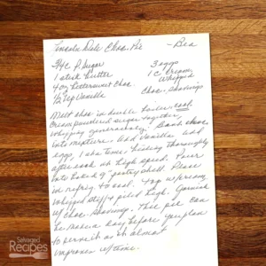 Handwritten recipe for Lincoln Deli Chocolate Pie from Bea