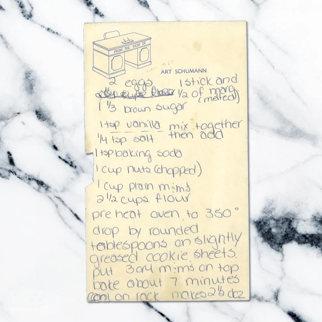 Handwritten recipe for M&M Cookies