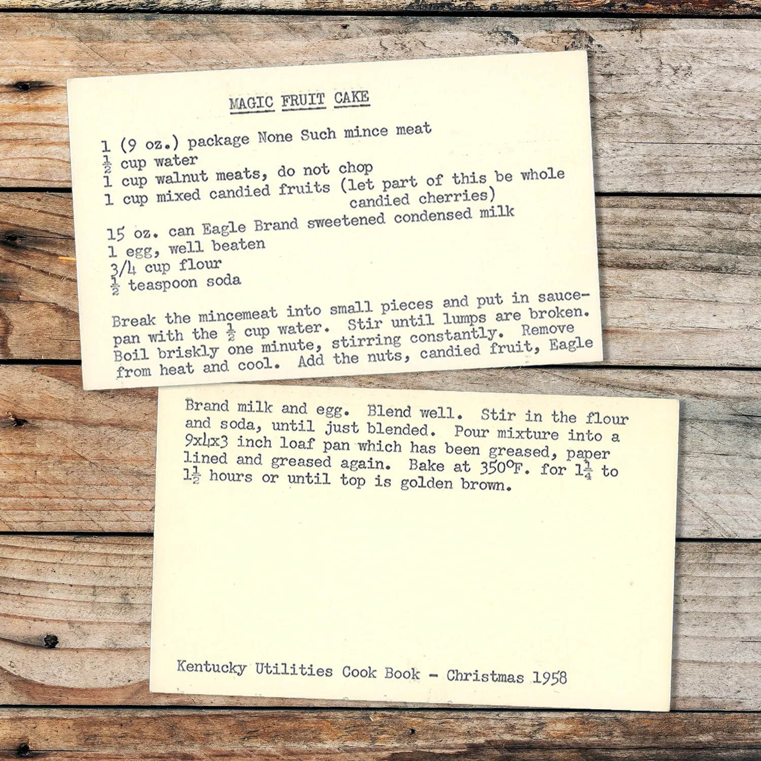 Typed recipe card for Magic Fruit Cake from Kentucky Utilities Cook Book
