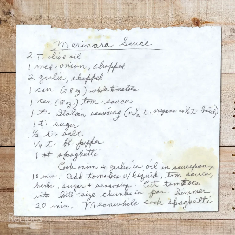 Handwritten recipe for Marinara Sauce