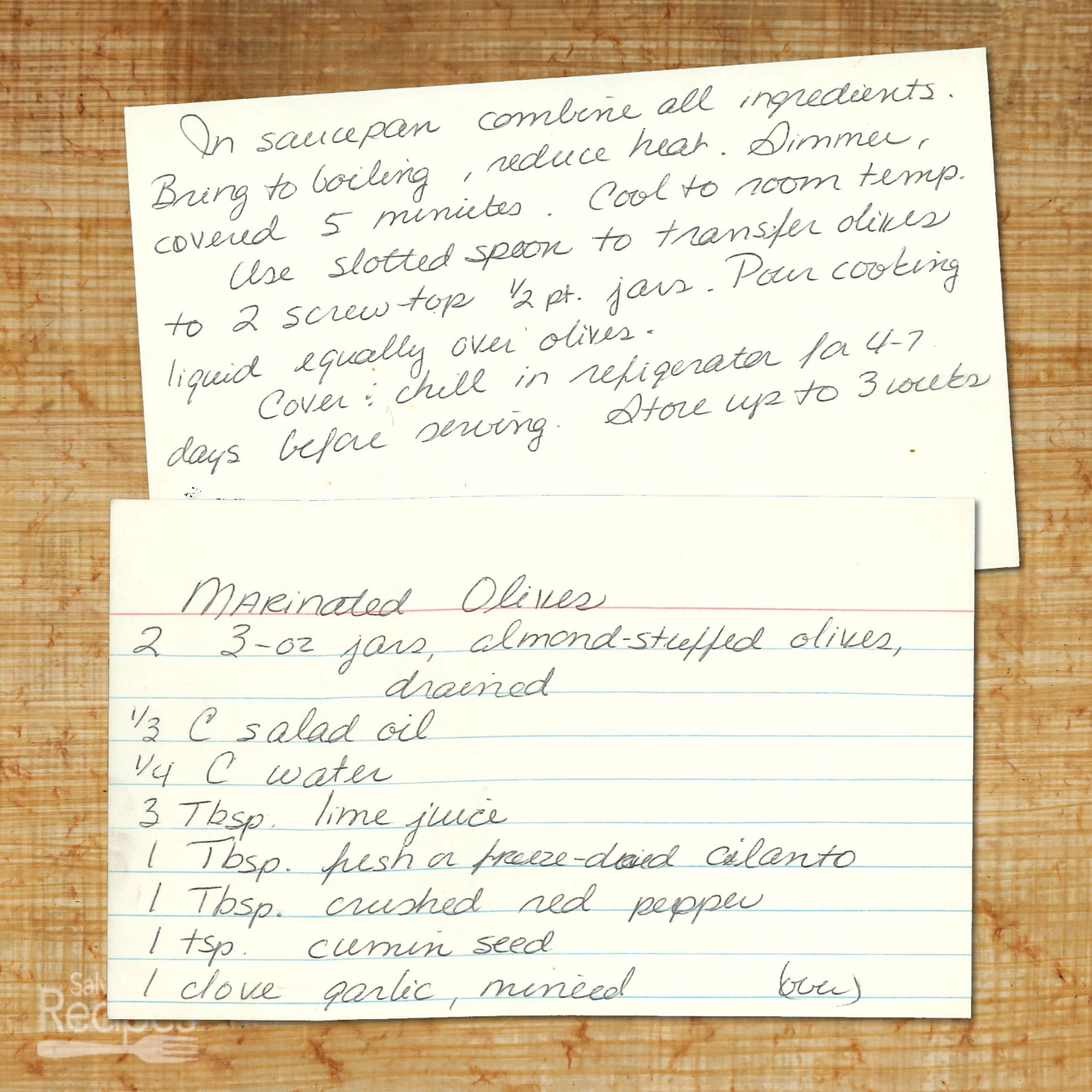 Handwritten recipe card for Marinated Olives