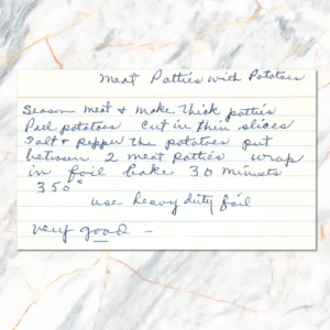 Handwritten recipe card for Meat Patties with Potatoes