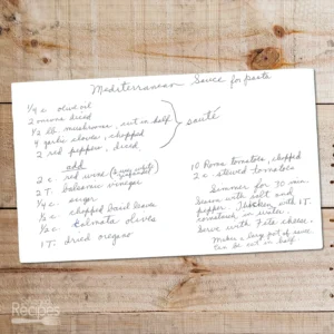 Handwritten recipe card for Mediterranean Sauce for Pasta