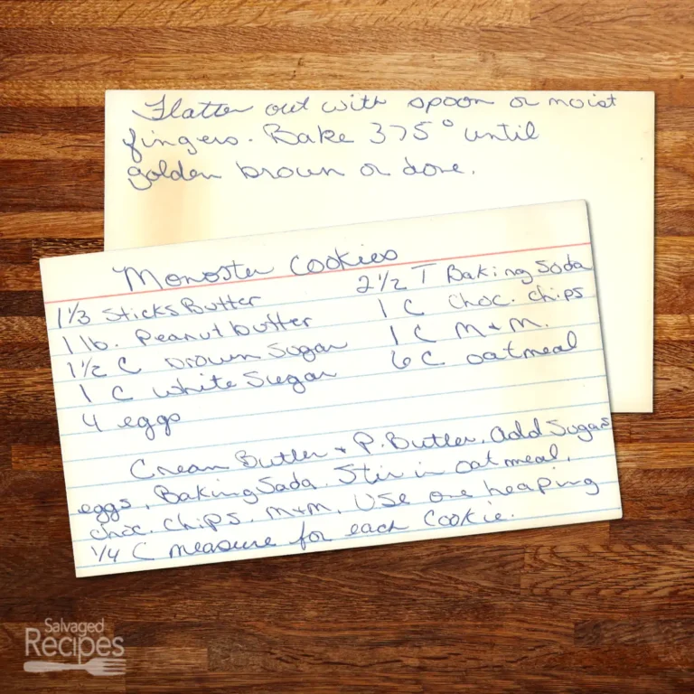 Handwritten recipe card for Monster Cookies