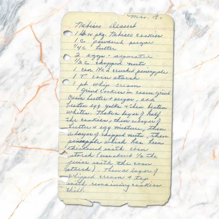 Handwritten recipe for Nabisco Dessert by Mrs. R.
