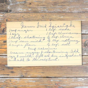 Handwritten recipe card for Never Fail Spice Cake