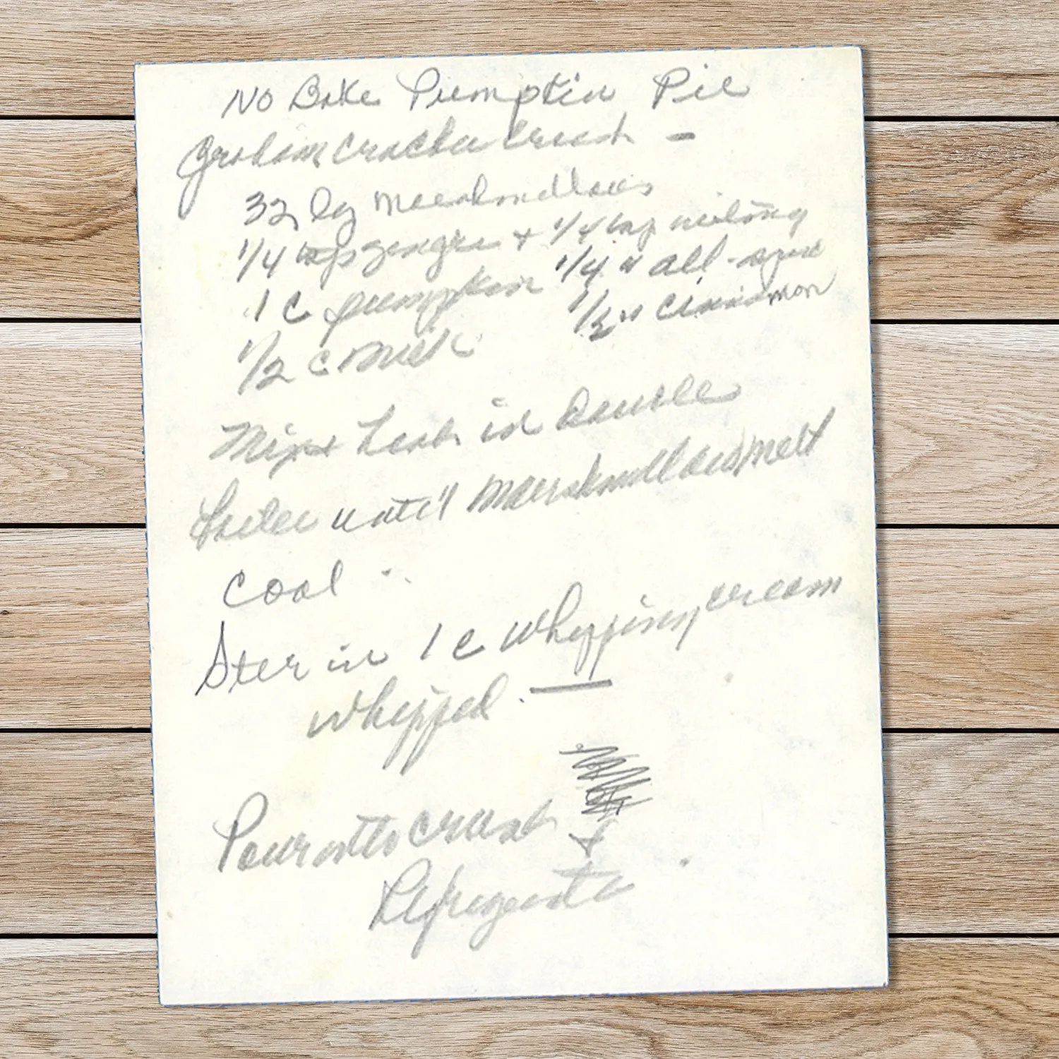 Handwritten recipe for No Bake Pumpkin Pie