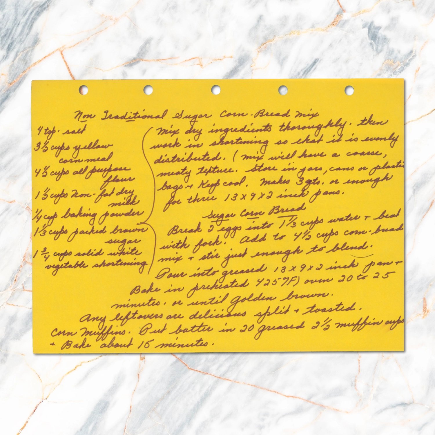 Handwritten recipe for Non-Traditional Sugar Cornbread