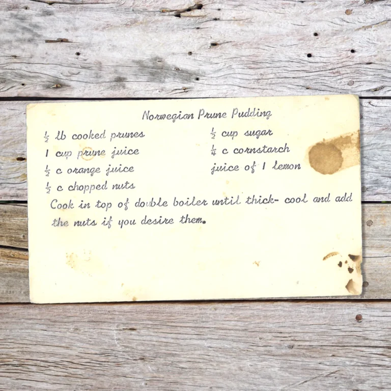 Typed recipe card for Norwegian Prune Pudding