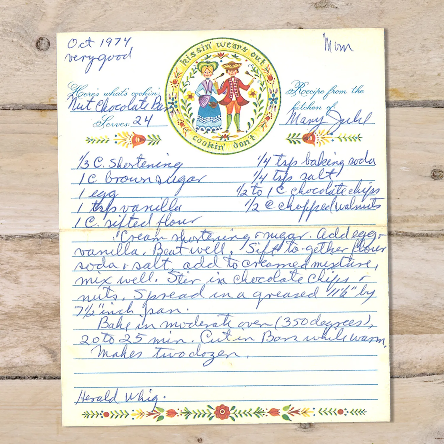 Handwritten recipe card for Nut Chocolate Bars from Mary