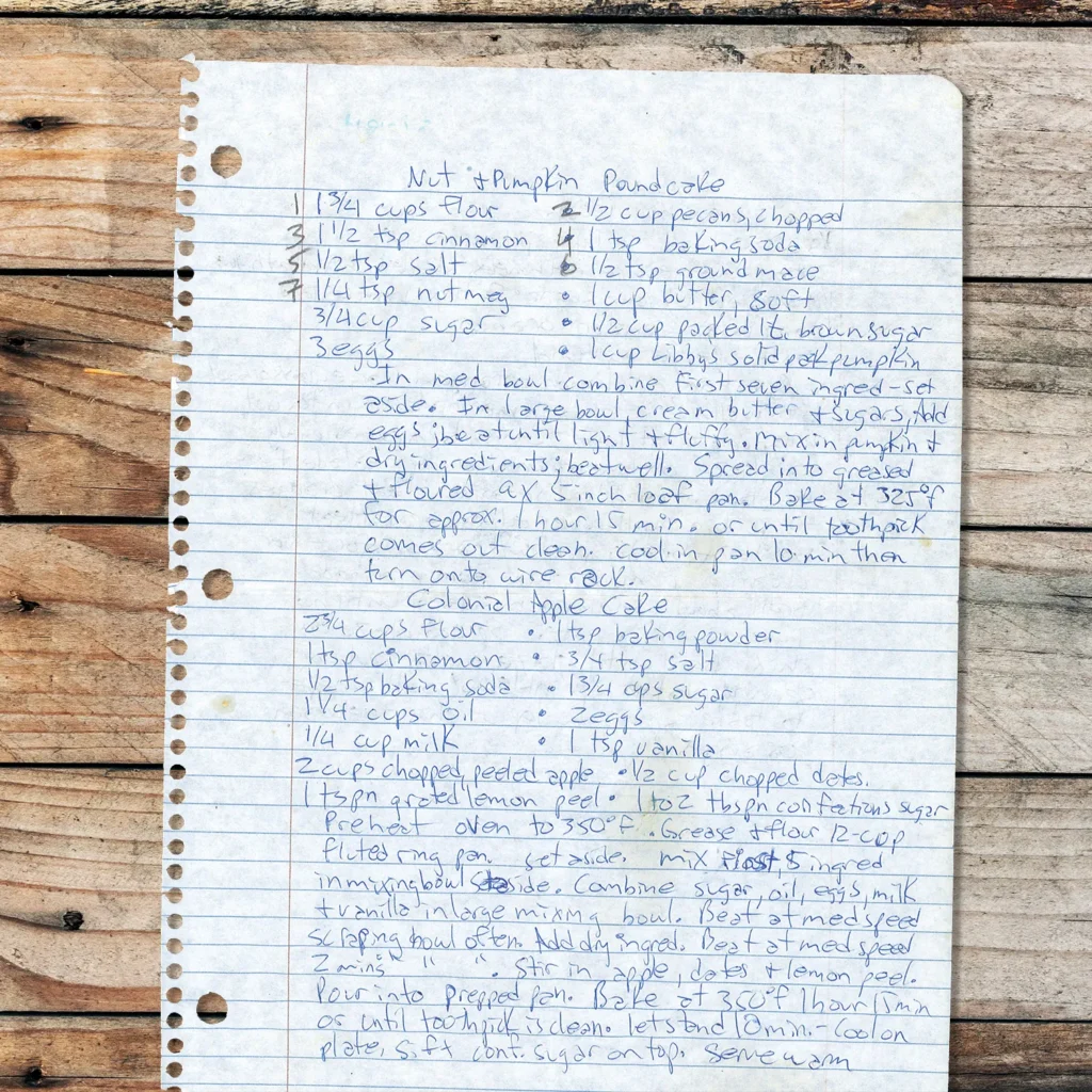 Handwritten recipe for Nut Pumpkin Pound Cake