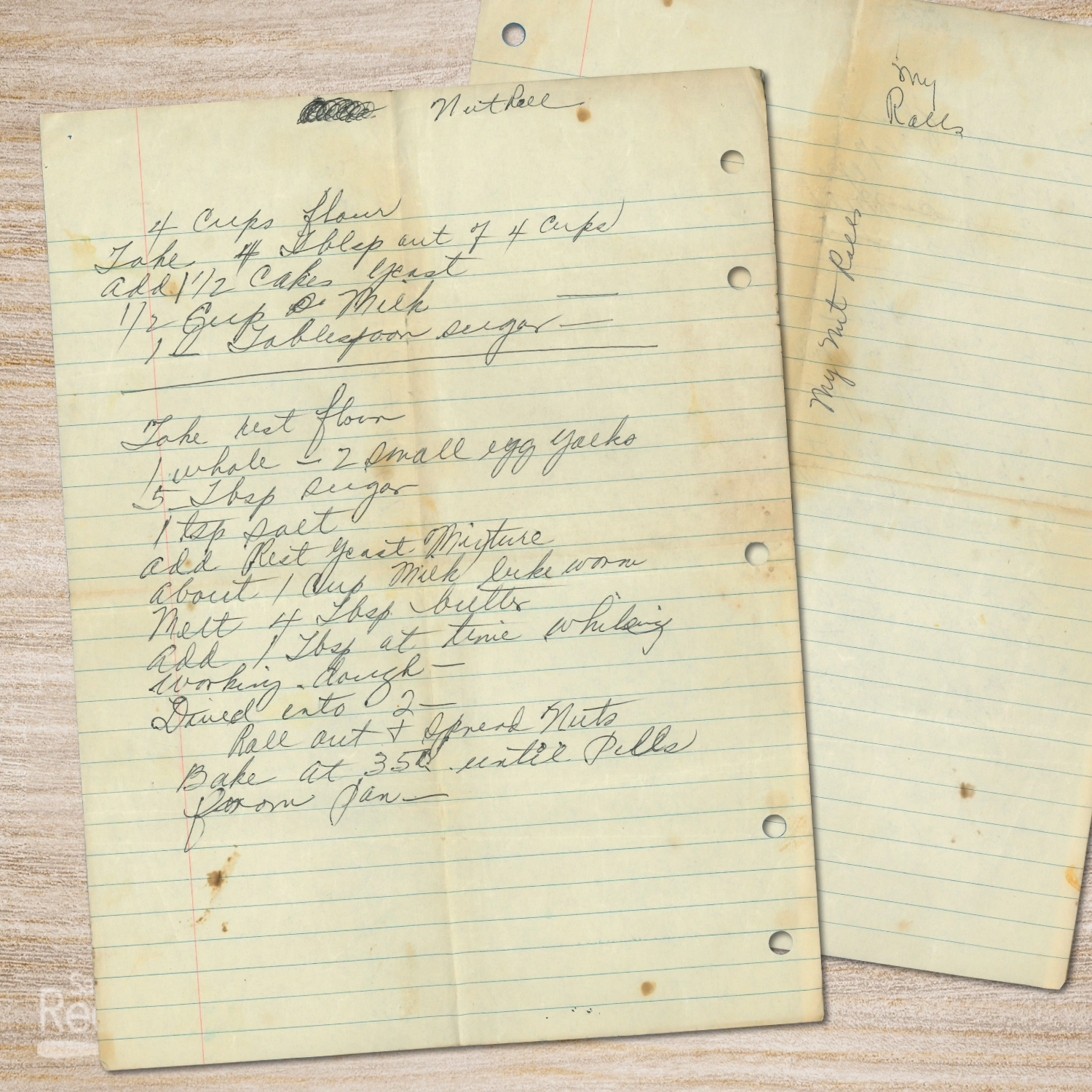 Handwritten recipe for Nut Rolls from Mother