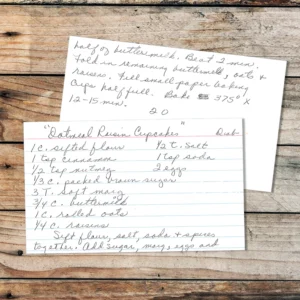 Handwritten recipe card for Oatmeal Raisin Cupcakes