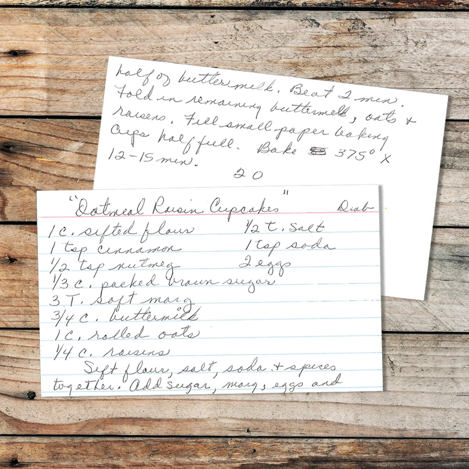 Handwritten recipe card for Oatmeal Raisin Cupcakes