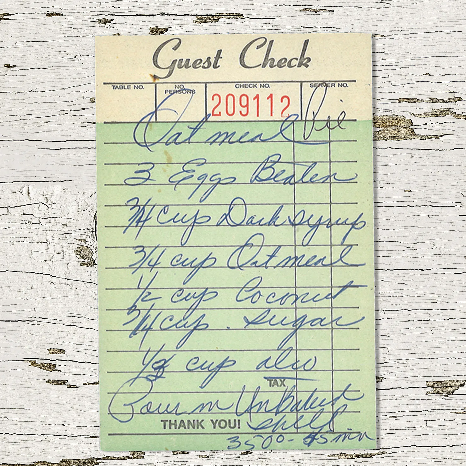 HAndwritten recipe for Oatmeal Pie