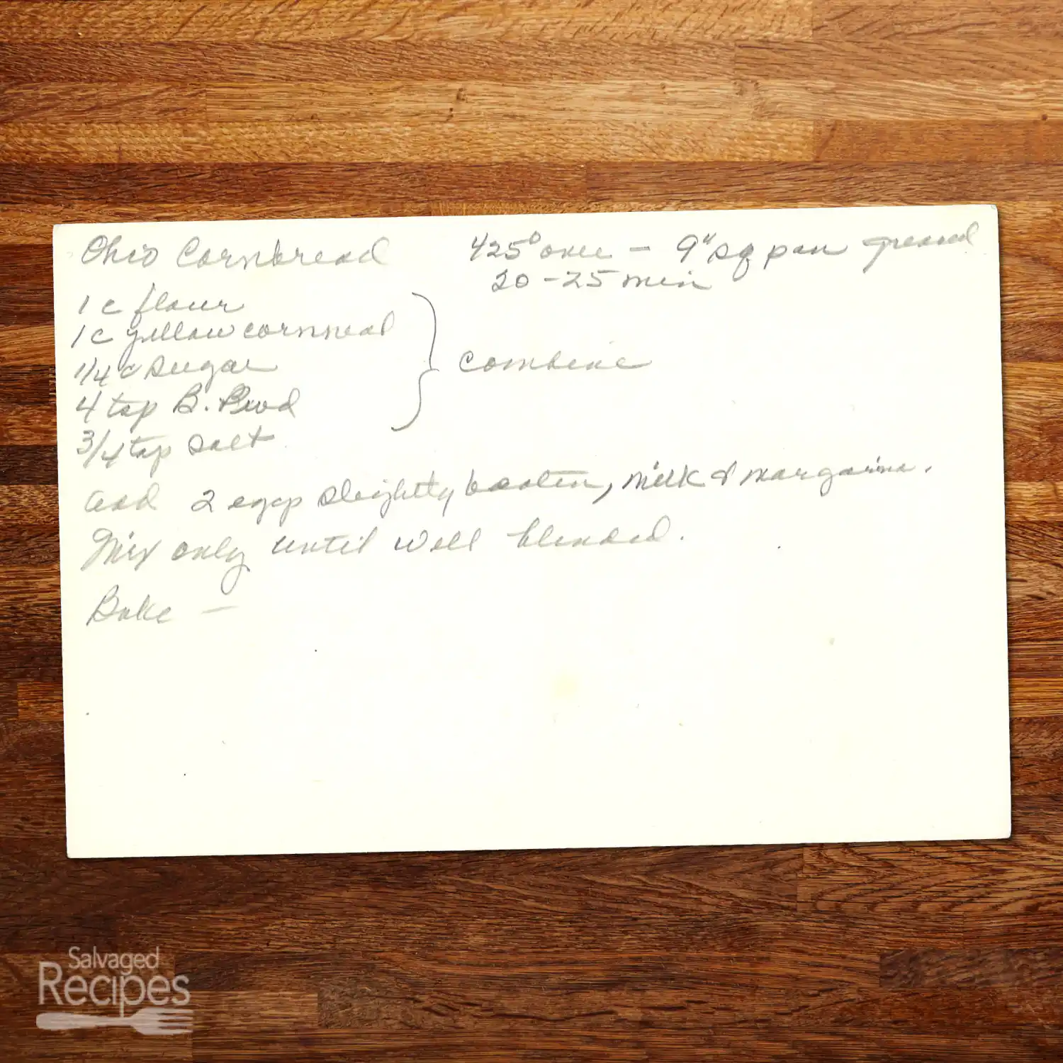 Handwritten recipe for Ohio Cornbread