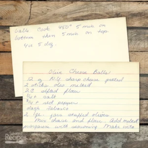 Handwritten recipe card for Olive Cheese Balls
