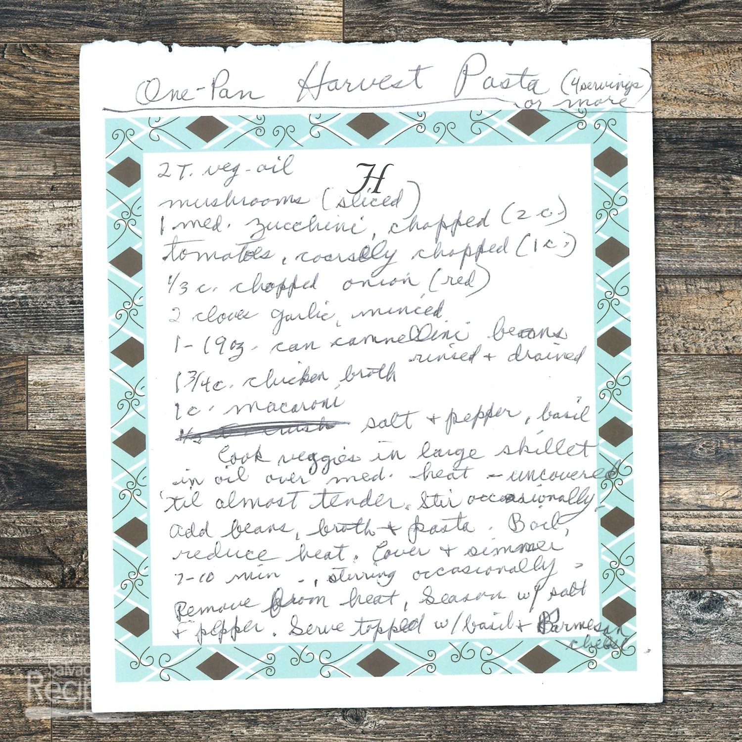 Handwritten recipe for One-Pan Harvest Pasta