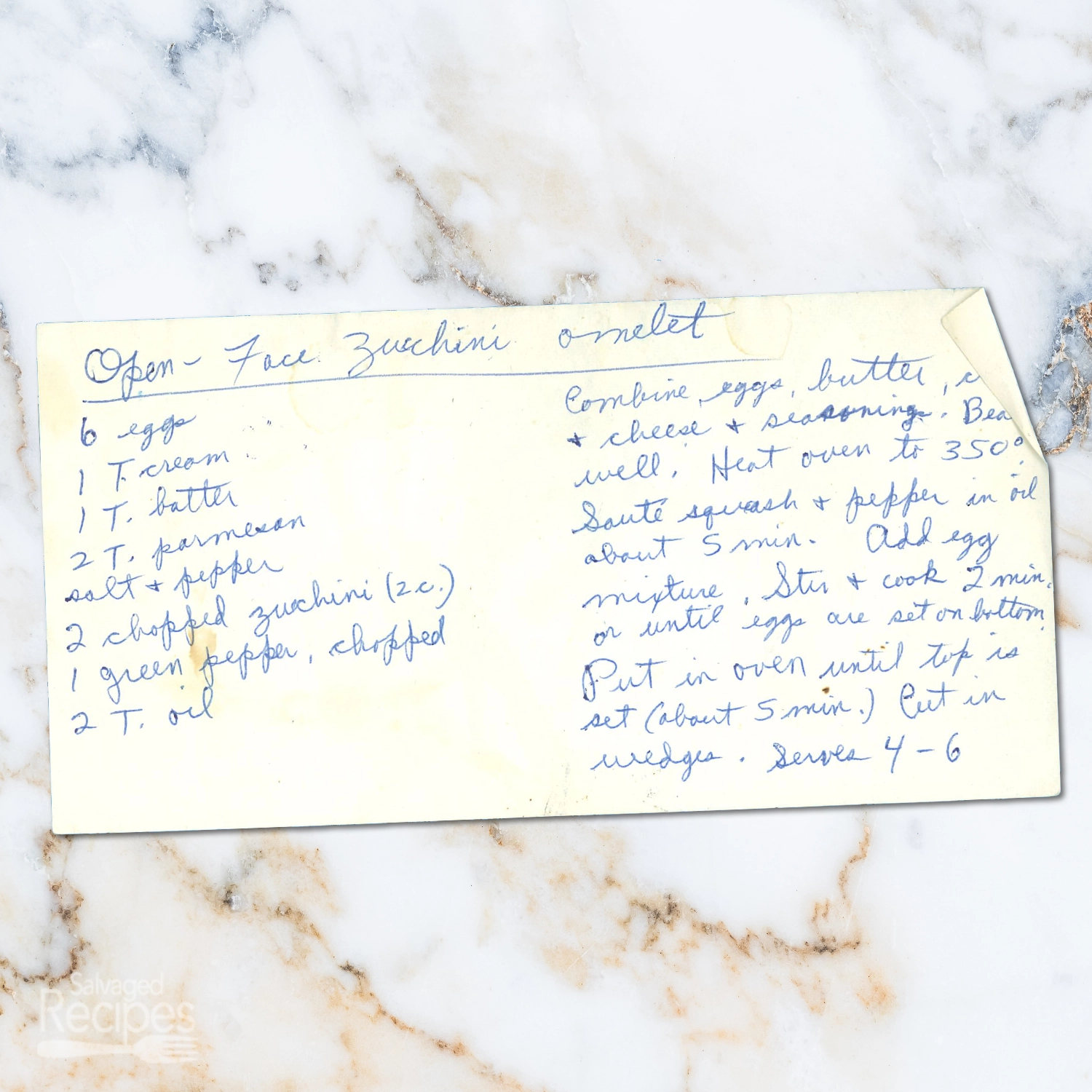 Handwritten recipe for Open Face Zucchini Omelet