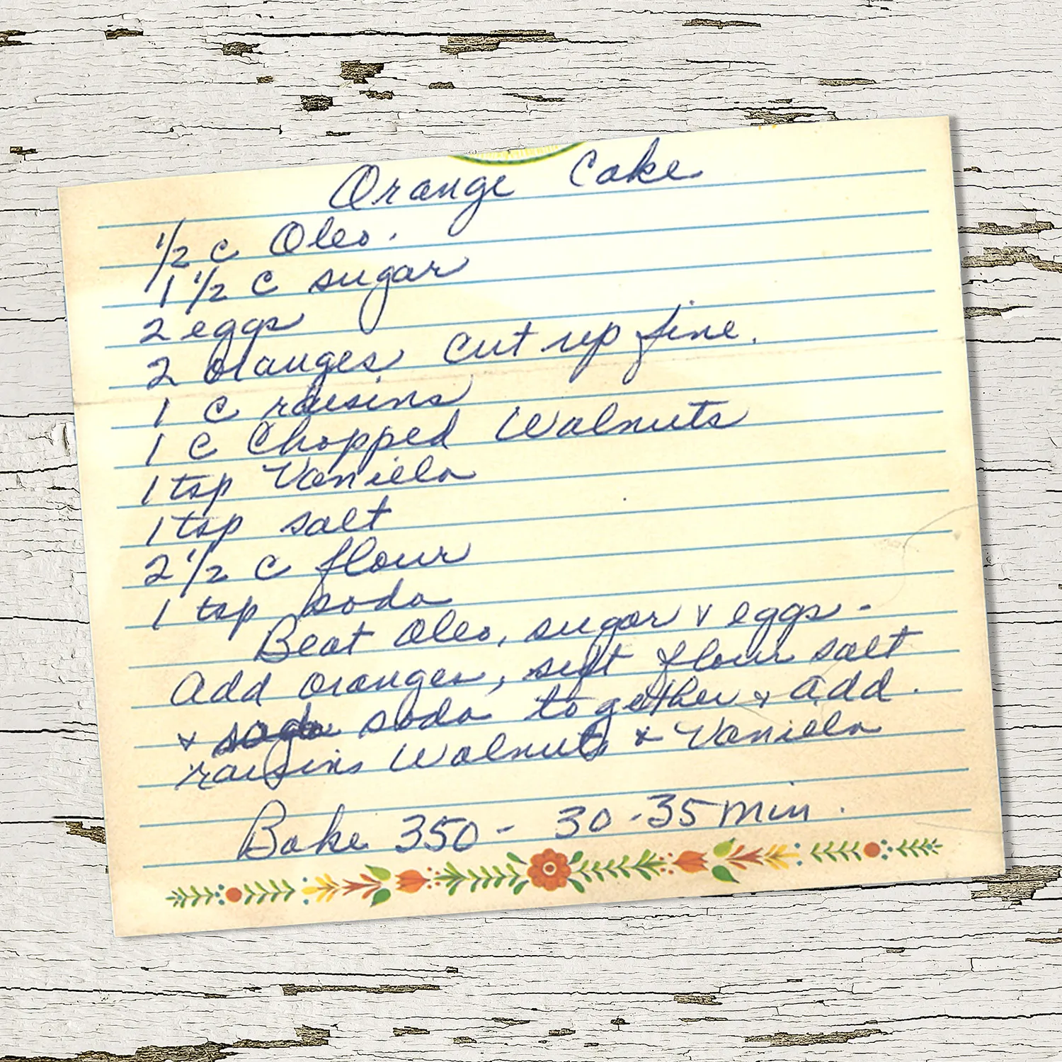 Handwritten recipe card for Orange Cake