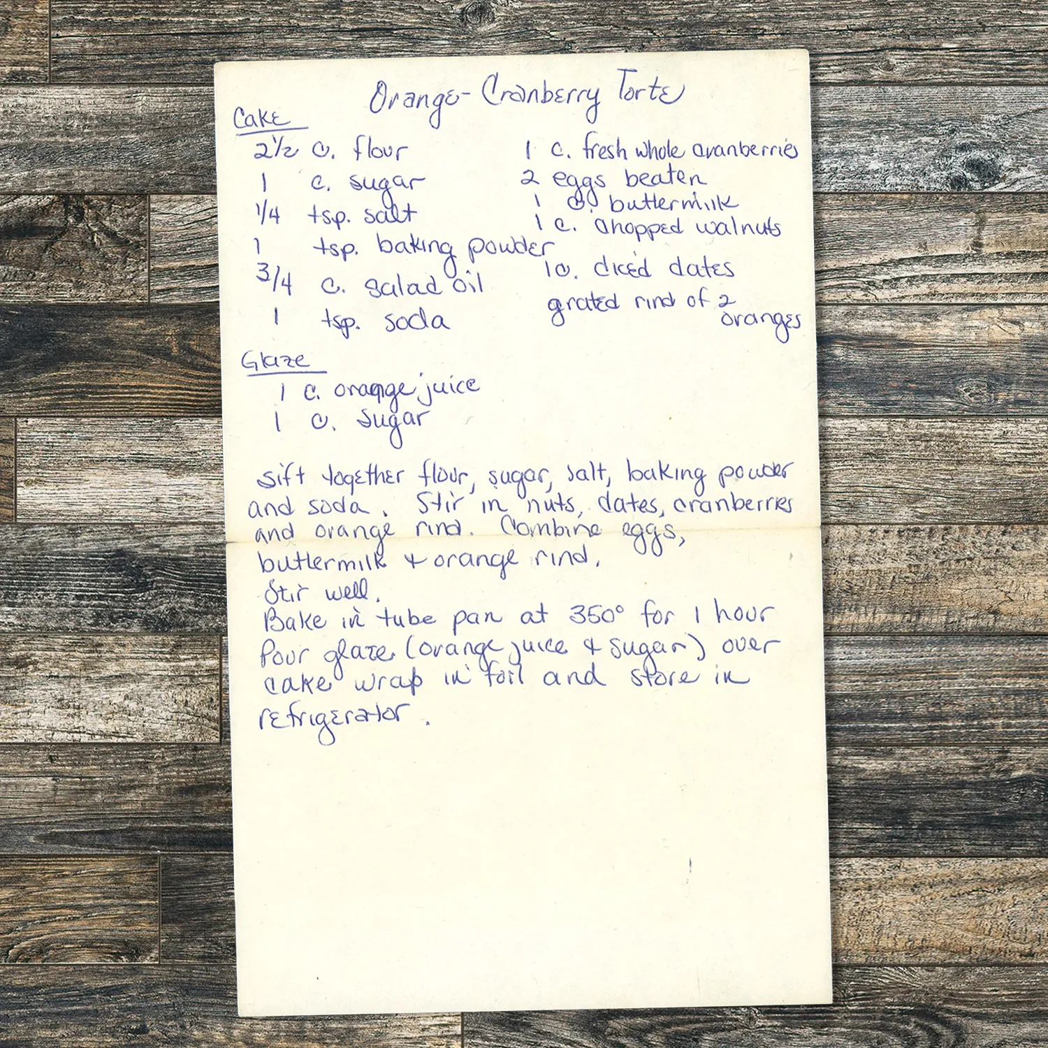 Handwritten recipe for Orange-Cranberry Torte