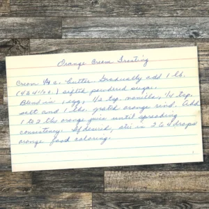 Handwritten recipe card for Orange Cream Frosting