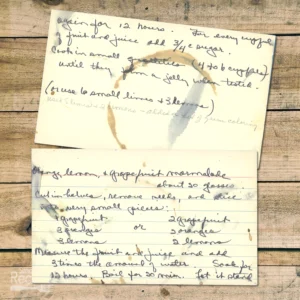 Handwritten recipe card for Orange, Lemon and Grapefruit Marmalade