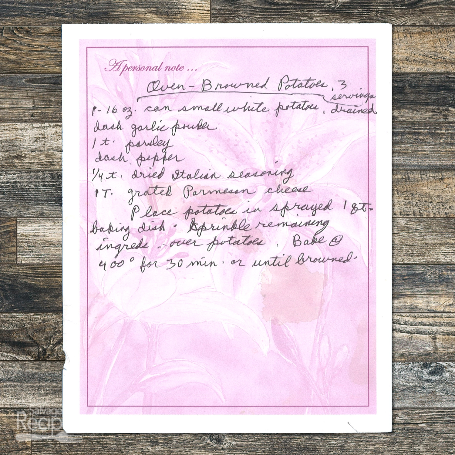 Handwritten recipe for Oven Browned Potatoes