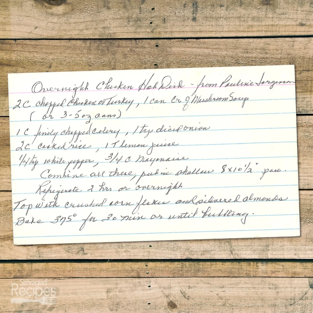 Handwritten recipe card for Overnight Chicken Hot Dish
