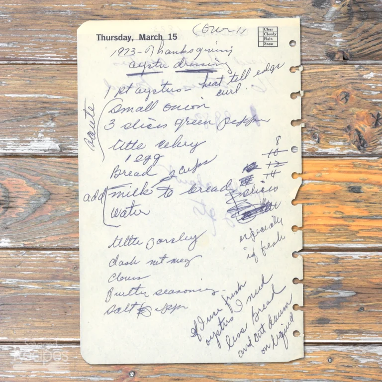 Handwritten recipe for Oyster Dressing