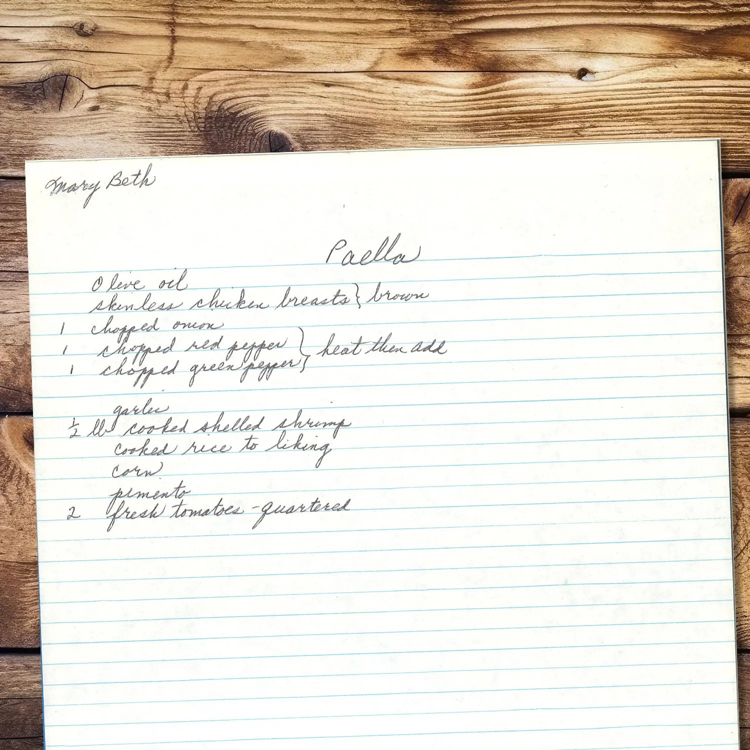 HAndwritten recipe for Paella