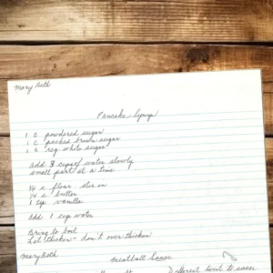 Handwritten recipe for Pancake Syrup