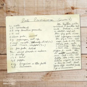 Handwritten recipe for Pasta Primavera