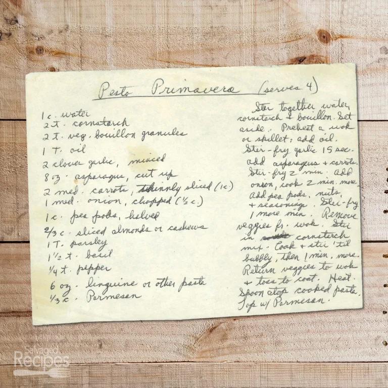Handwritten recipe for Pasta Primavera