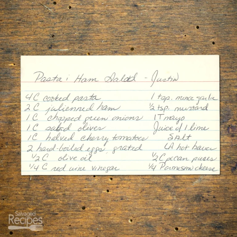 Handwritten recipe card for Pasta and Ham Salad from Justin