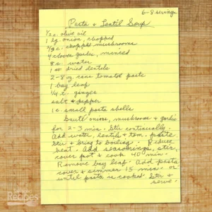 Handwritten recipe for Pasta and Lentil Soup