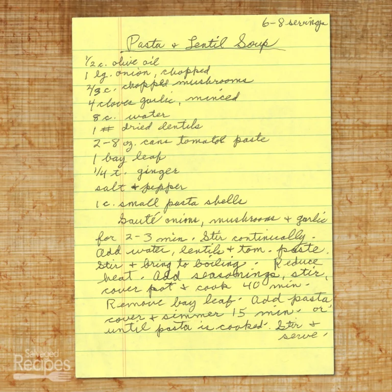 Handwritten recipe for Pasta and Lentil Soup