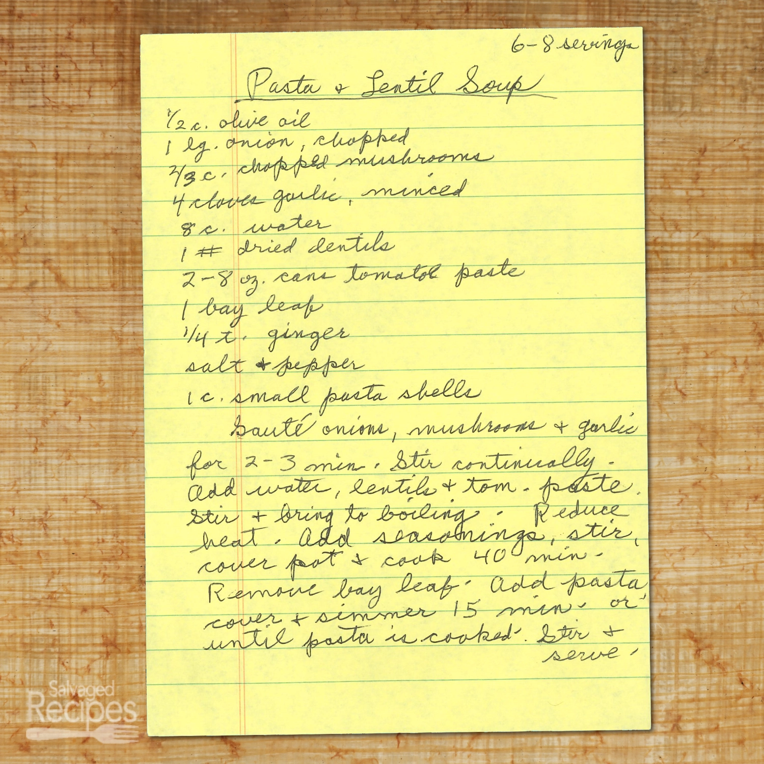 Handwritten recipe for Pasta and Lentil Soup