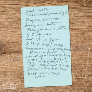Handwritten recipe for Peach Cobbler