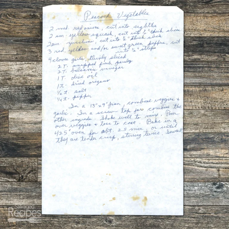 Handwritten recipe for Peacock Vegetables