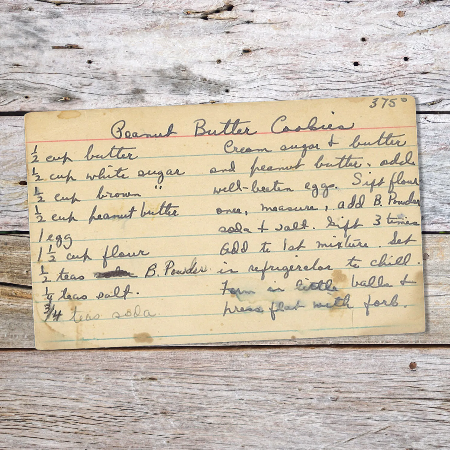 Handwritten recipe card for Peanut Butter Cookies