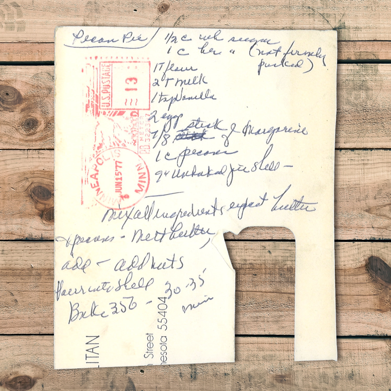 Handwritten recipe for Pecan Pie