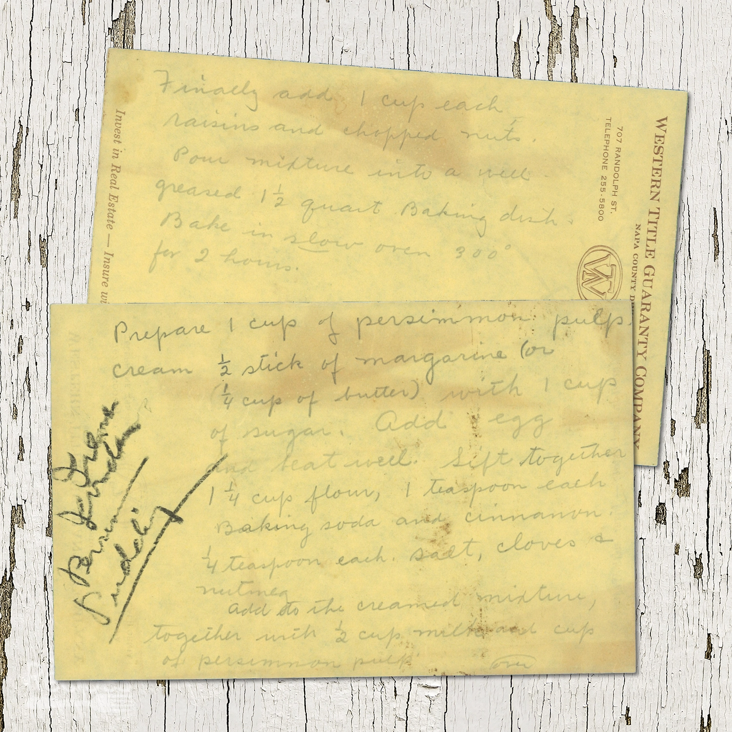 Handwritten recipe for Persimmon Pudding