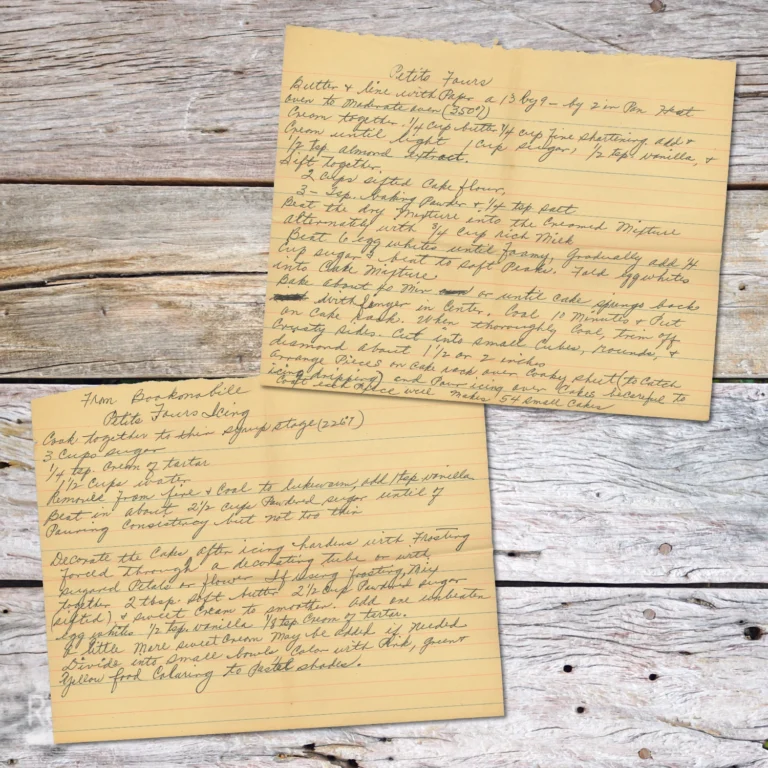 Handwritten recipe for Petit Fours with Icing