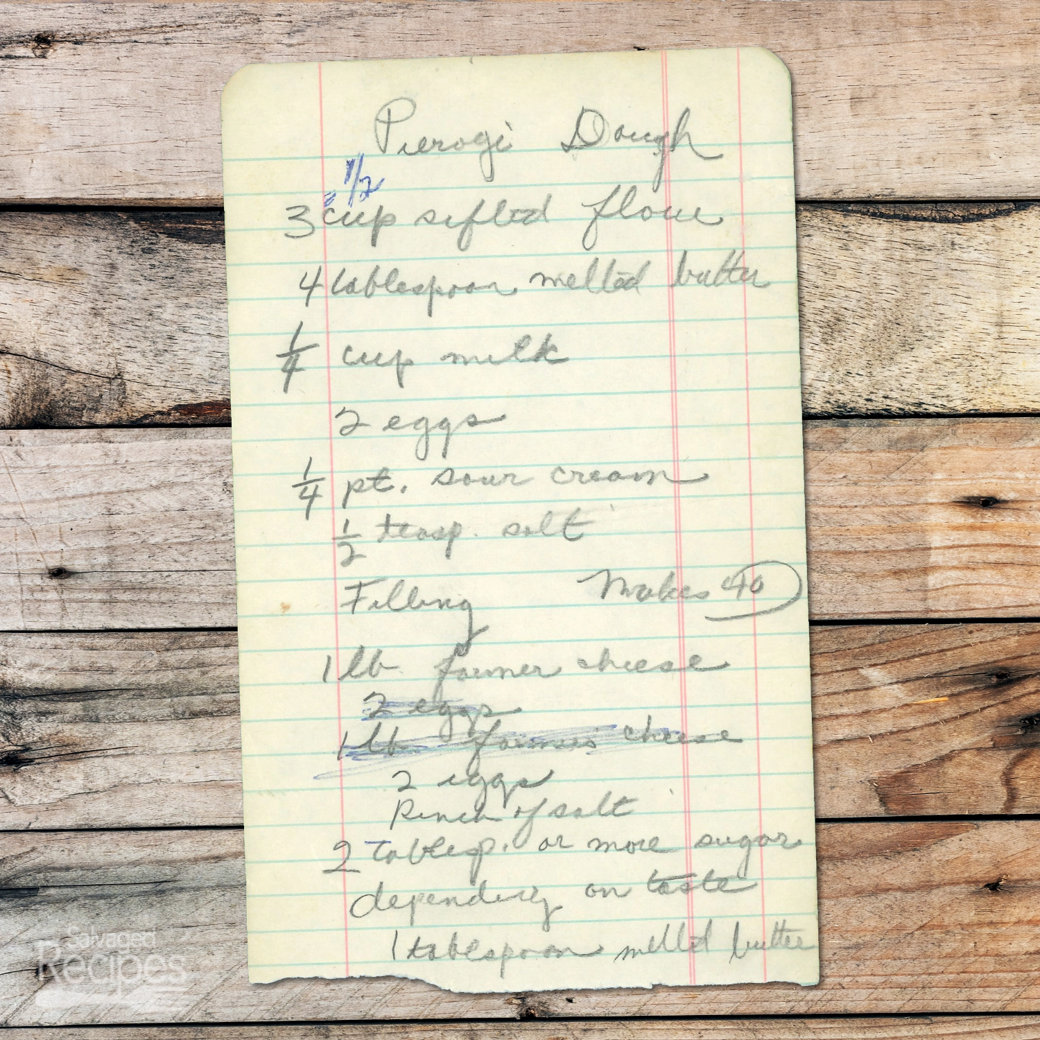 HAndwritten recipe for Pierogi Dough