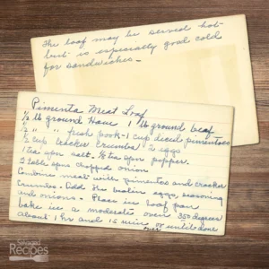 Handwritten recipe card for Pimento Meatloaf