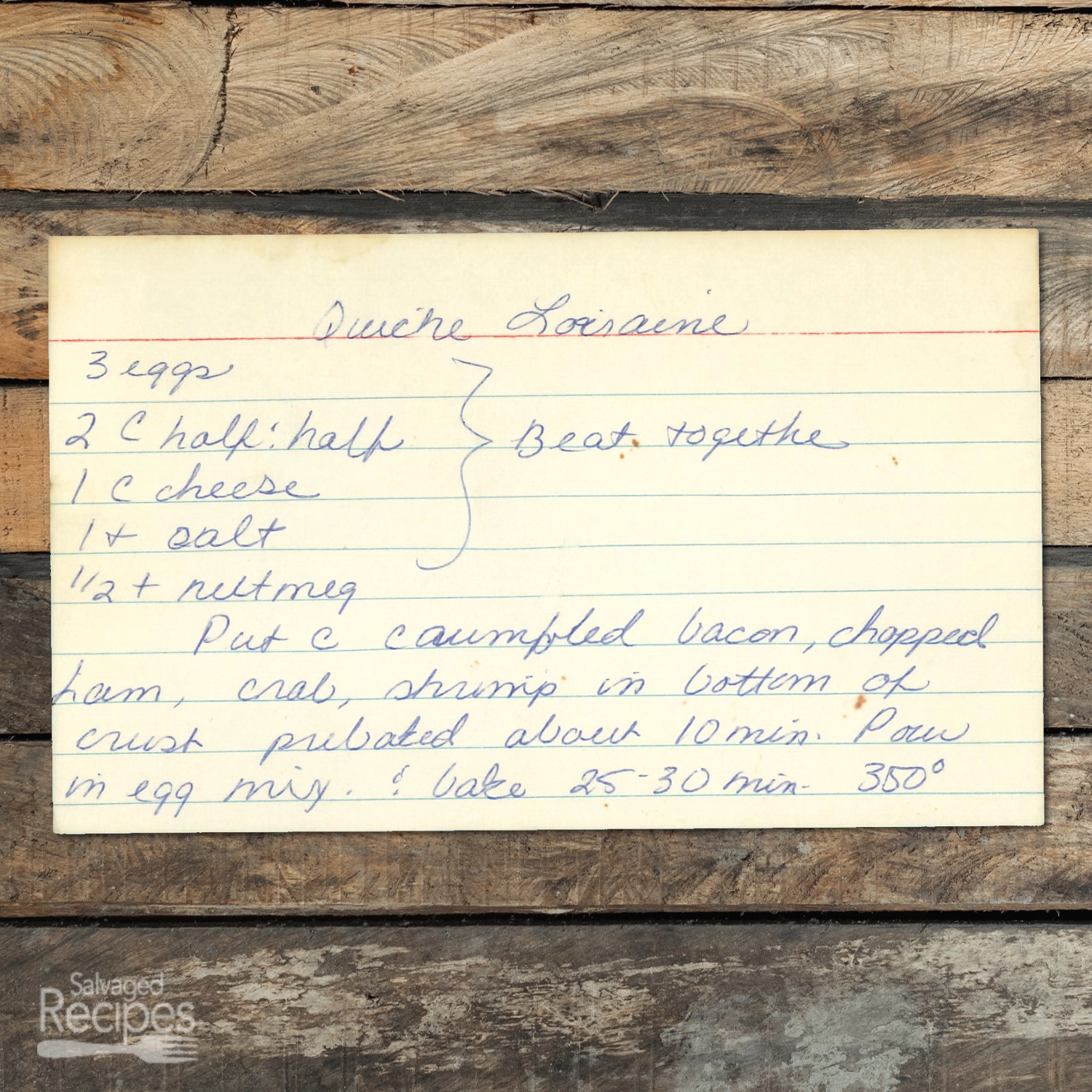 Handwritten recipe card for Quiche Lorraine