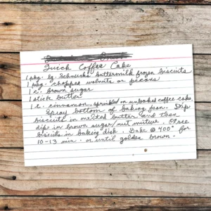 HAndwritten recipe card for Quick Coffee Cake